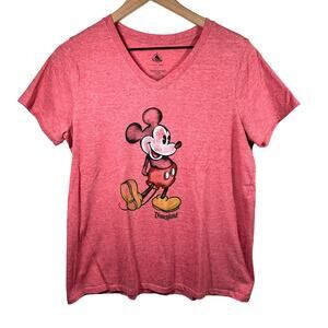 DISNEY Parks V-neck T-shirt Size L Mickey Mouse Disneyland Heathered‎ Red Retro